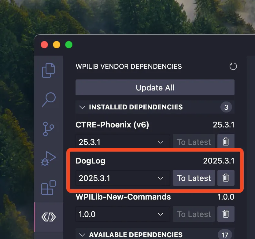 Screenshot of the DogLog item in the WPILib Vendor Dependencies extension